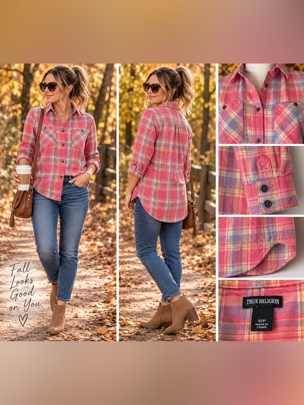 True Religion Relaxed Utility Plaid Flannel Shirt Pink Small